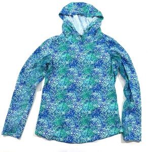 Ibkul Hooded Shirt Long Sleeve Size Medium Blue Green Spray Paint Print